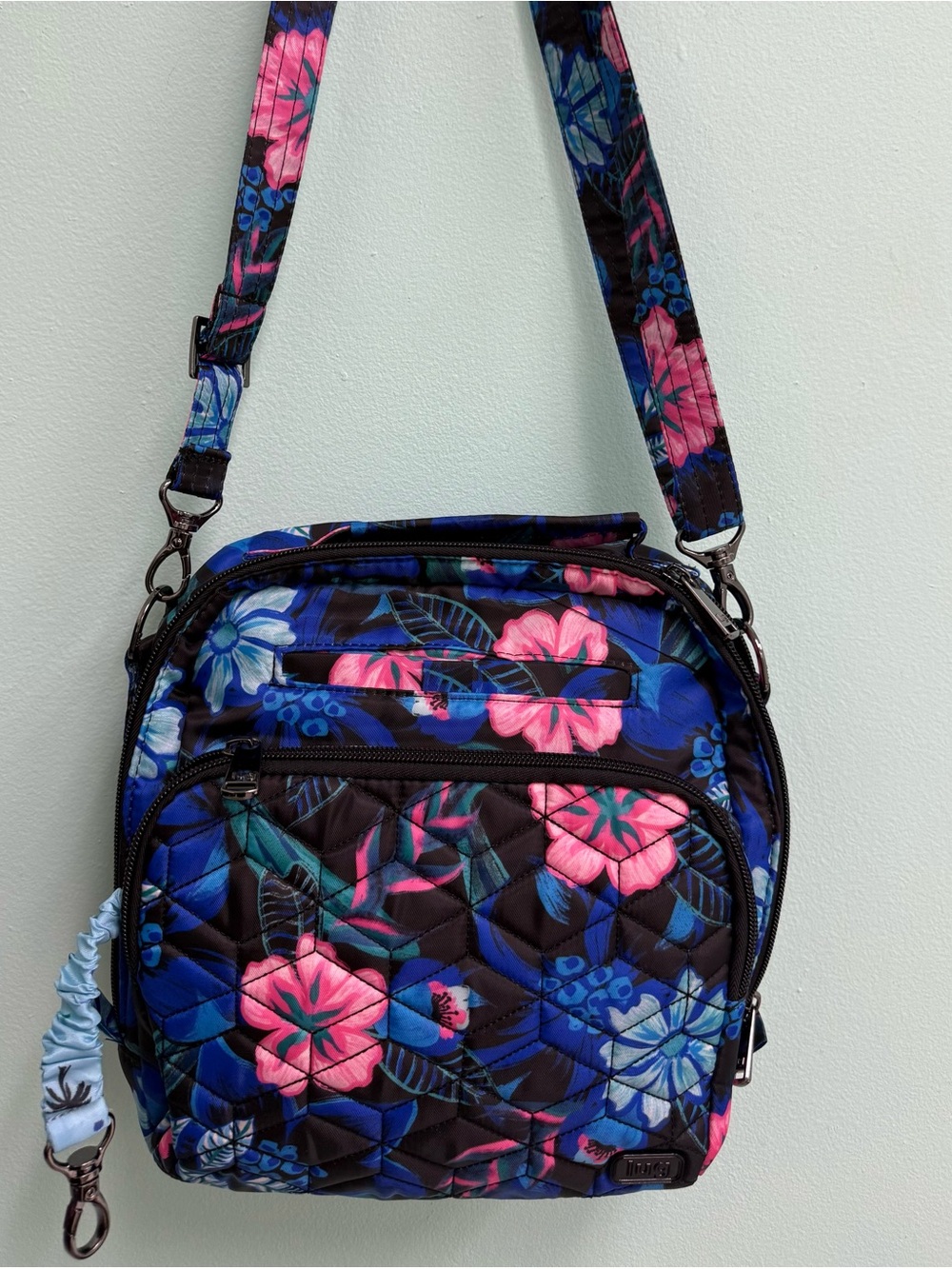 lug Quilted Floral Crossbody Bag in Black, Blue & Pink - Picture 7 of 9